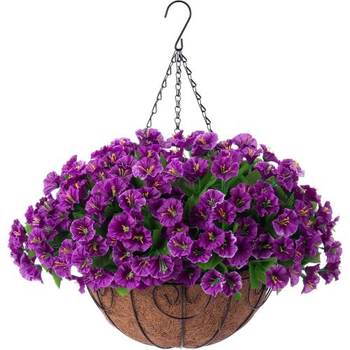 Artificial Hanging Flower Plants with Basket for Spring Summer Outdoor Decoration, Faux Petunias Flowers Fake Morning Glory Planter for Outside Patio Garden Porch Balcony Yard Spring Decor(Lotus) ‼️used ‼️