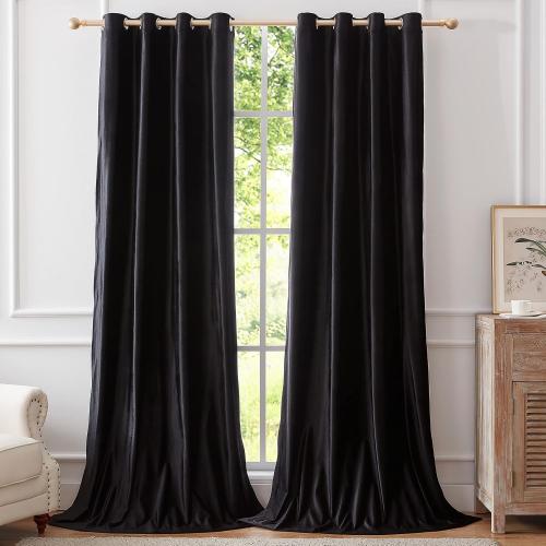 Velvet Black Grommet Blackout Curtains 84 inch Length for Living Room