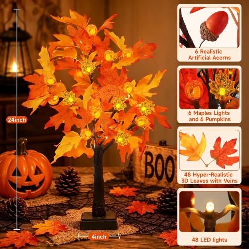 2Pack Fall Lighted Tree with 48 LEDs Battery Operated,Fall Decorations Light Up Artificial Pumpkins Maple Acorn Tree for Fall Thanksgiving Table Harvest Home Indoor Decoration (24inch)