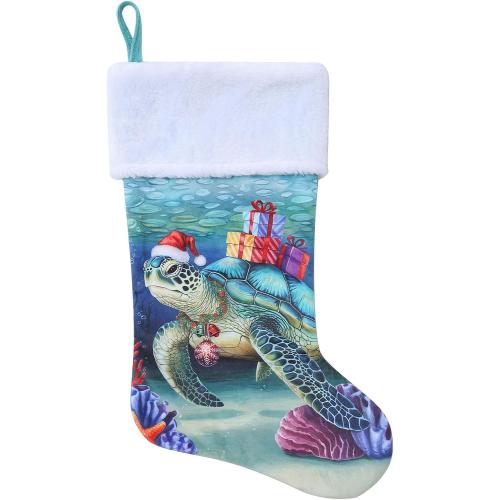 20 Inches Sea Turtle Christmas Stockings, Ocean Turtle Christmas Ornaments Large Hanging Stockings with Plush Cuff for Family Holiday Party Decorations