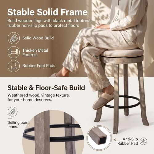 LukeAlon Farmhouse Linen Fabric Round Bar Stools Set of 2, 360° Swivel 25.6” Counter Height Stools with Solid Wood Legs Backless Low Barstools with Footrest for Home Bar Kitchen Island, Beige