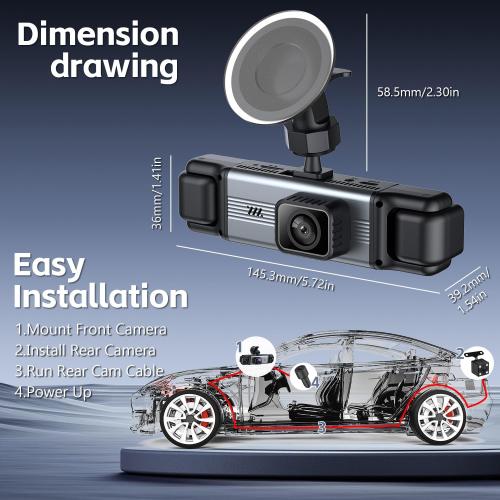 4 Channel 360° Dash Cam Front and Rear Inside, 64GB Card Included