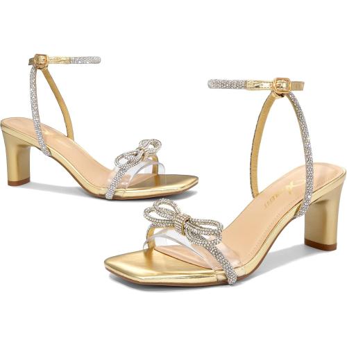 Size 11 Gold and Silver Athlefit Women's Rhinestone Bow Heels Clear Open Square Toe Block Heels Buckle Heeled Sandals for Party Wedding