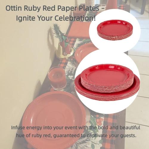 Ottin 50-pack Red Valentine's Paper Dessert Plates 7'' Disposable Appetize Cake Plates for Birthday Wedding Party Snacks Daily Use, President's Day, Mother's Day, Memorial Day
