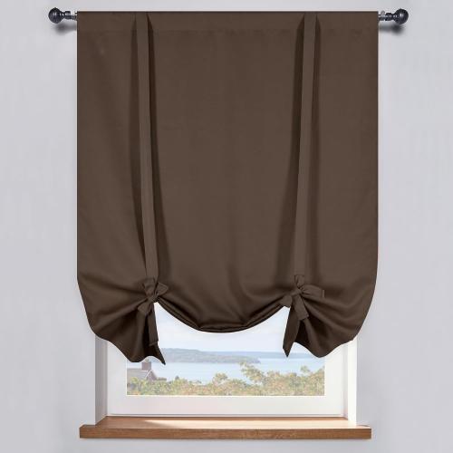 DONREN Coffee Brown Blackout Curtain for Bathroom Windows Adjustable Tie Up Shade Curtain with Rod Pocket Top for Kitchen (34 inches W x 54 inches L Set of 1)