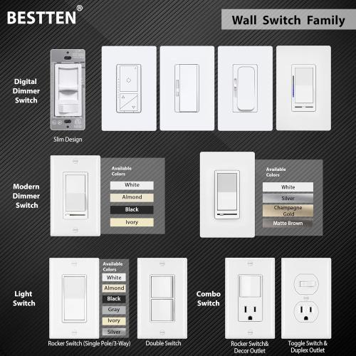 BESTTEN 10 Pack Single Pole Decorator Light Switch with Wallplate, 15A 120/277V, Rocker Paddle Wall Switch, On/Off Interrupter for LED and Other Lamps
