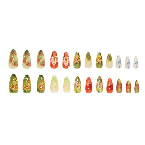 24Pcs Colorful Flowers Press on Nails Almond Medium Glossy Acrylic Fake Nails with 3D Pearl Design Glossy Green Flower False Nails Full Cover Artificial Nail Cute Stick on Nails for Women DIY