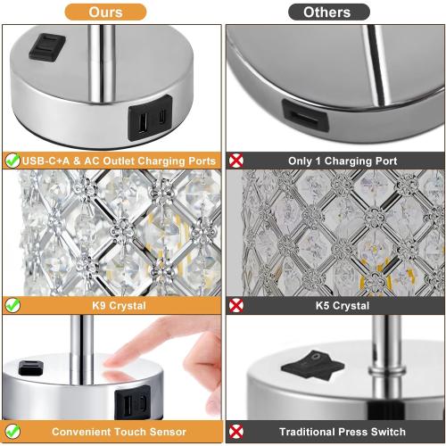 Silver Crystal Lamps Set of 2, 3-Way Dimmable Touch Lamps for Nightstand