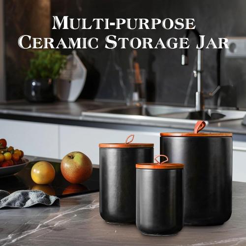 JOJUNO Black Ceramic Canister 3 Piece with Airtight Bamboo Lid