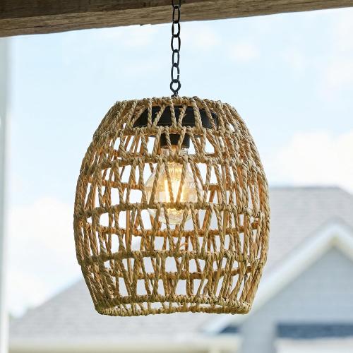Solar Chandelier Outdoor,Natural Seaweed Hanging Solar Lantern Gazebo Lights Outdoor Waterproof for Patio Porch Garden Barn Tree Pergola Pendant Light Decor