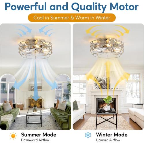 Nickel Caged Ceiling Fans with Lights and Remote,6 Speeds,12 inch Industrial Flush Mount Ceiling Fan with Light, Modern Bladeless Fan Lights Ceiling Fixtures for Kitchen, Bedroom,Indoor