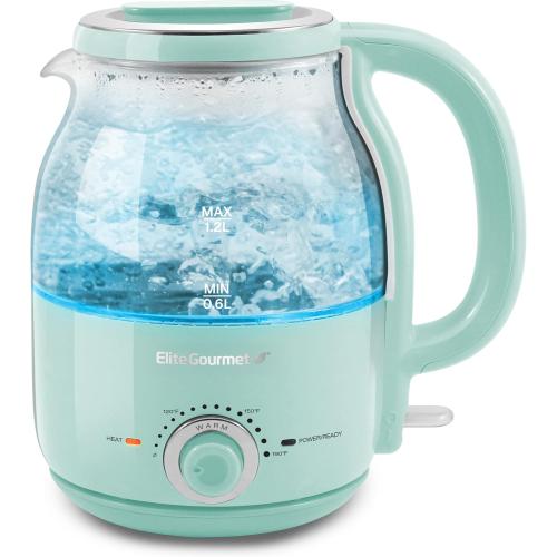 Elite Gourmet EKT1220M 1.2L Electric BPA-Free 1200W Glass Kettle, Temperature Dial Keep Warm Function, Cordless 360° Base, Blue LED Interior, Auto Shut-Off Function – Quick Boil, Mint
