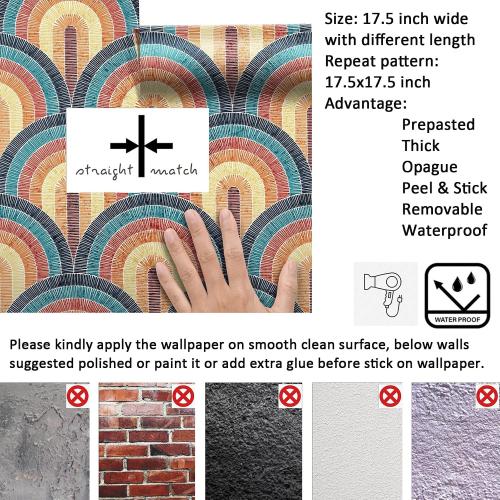 Livelynine 17.5x276 Retro Mid Century Modern Peel and Stick Wallpaper Vintage Rainbow Vinyl Bohemian Bathroom Wallpaper Waterproof Renter Friendly Contact Paper Roll Watercolor Brown Yellow Coral