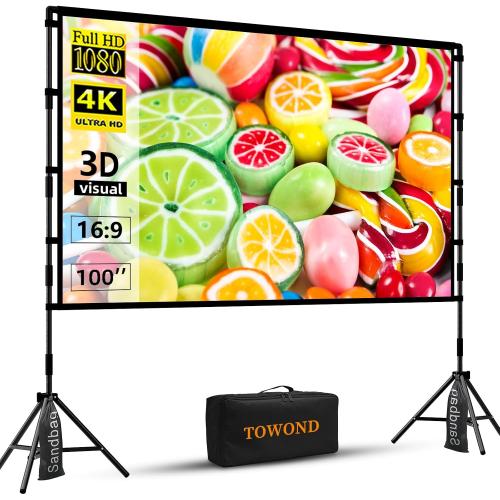 TOWOND Projector Screen with Stand, 100 inch Outdoor Projector Screen Portable Indoor Projection Screen 16:9 4K Rear Front Movie Screen with Carry Bag for Home Backyard Theater 100 inch
