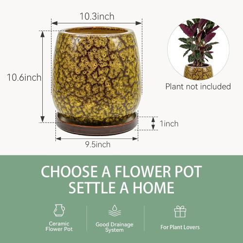 10.3 Inch Ceramic Glaze Plant Pot with Saucer, Flower Pots with Drainage Hole Mesh Net (Spot Yellow)