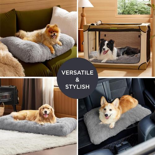 Washable Medium Dog Bed for Crate, Faux Fur Dog Crate Pad for Medium Breed, Plush Soft Comfort Dogs Sleeping Mat, Anti-Slip Pet Kennel Pad, Grey