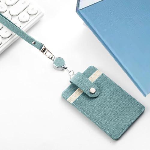 Larpur Vertical ID Badge Holders PU Leather ID Card Holder Detachable Neck Lanyard and Retractable Reel with 1 Clear Window & 2 Card Slots (Lake Blue)