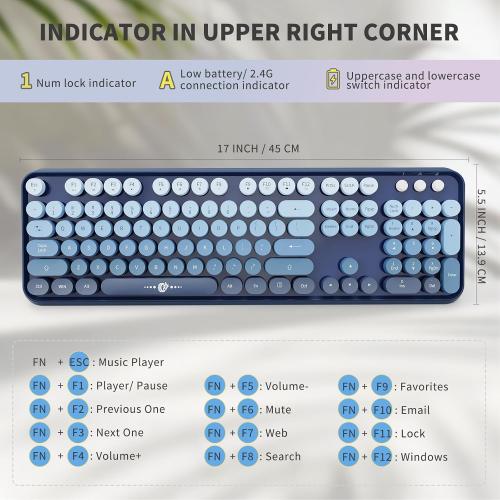 FOPETT Wireless Keyboard and Mouse Combo, 104 Keys Full-Sized 2.4 GHz Round Keycap Colorful Keyboards, USB Receiver Plug and Play, for Windows, Mac, PC, Laptop, Desktop (GradientBlue)