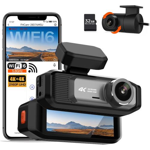 4K 4K Dash Cam Front and Rear, 5.8GHz WiFi 6 Dash Camera for Cars, 170° Ultra Wide Angle, 3.19 IPS Screen, 24H Parking Mode, Free 32GB Card, Night Vision, G-Sensor & Emergency Lock