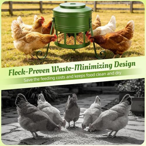 Chicken Feeder No Waste for Coop & Outdoors, 12 Port 20lbs Heavy Duty Metal Chicken Feeder, Poultry Feeder for Backyard Chickens, Smooth Edges for Safe Feeding (Green)