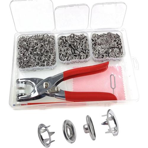 KAXIMON Snap Fasteners Kit 200 Sets, Metal Snap Button Kit with Fastener Pliers No Sewing, 9.5mm Snap on Button Kit Rust Proof DIY Press Studs Button Fix Tools for Fabric Clothing, chrome, SNAP-9.5MM