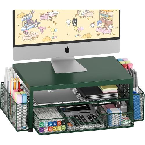 OPNICE Desk Organizers and Accessories, 2-Tier Computer Monitor Stand Riser with Drawer and 2 Pen Holders, Laptop Stand, Office Desk Accessories for Office Supplies, Dark Green