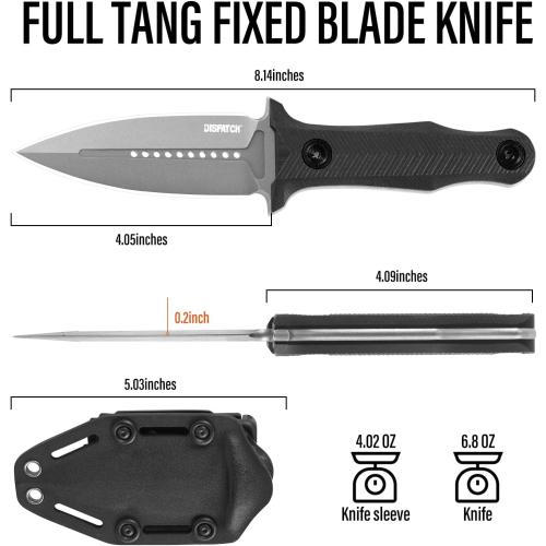 Dispatch Tactical Fixed Blade Knife, 3.89 8Cr13Mov Steel Blade with Ergonomic G10 Handle, Full Tang Double Edge Survival Knives with Kydex Sheath Horizontal & Vertical for Outdoor Activities
