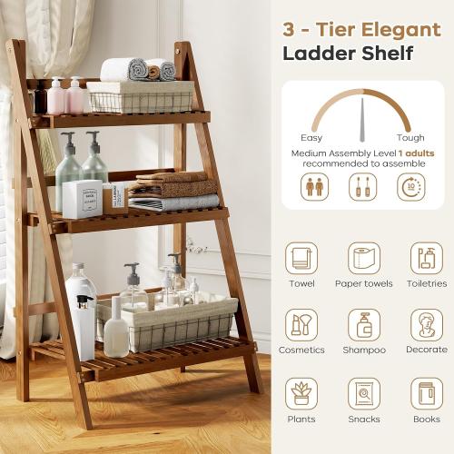 39.4 Bamboo Ladder Shelf Plant Shelf, 3 Tier Foldable Ladder Flower Pot Display Shelf Rack, 23.6W x 15D x 39.4H, Freestanding Bookshelf for Garden, Balcony, Yard, Patio, Lawn, Living Room, Walnut