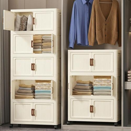 302QT Modular Stackable Storage Bins with Lids, Rolling Lidded Storage Containers with Wheels, Collapsible Drawer Storage Bins for Clothes, Container Drawers for Bedroom Dorm, Cream（6 Pack）