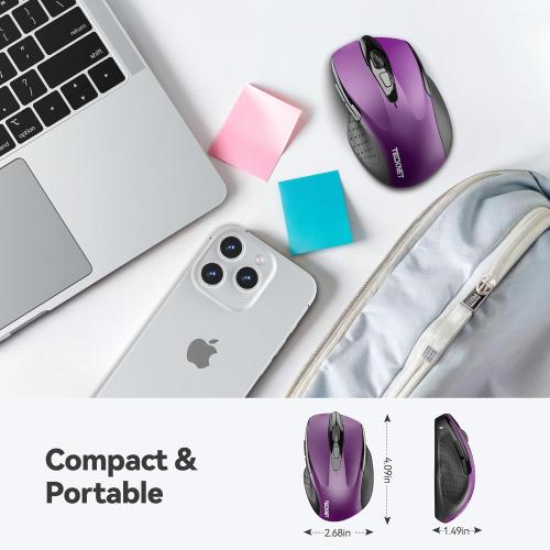 TECKNET Wireless Mouse, 2.4G Ergonomic Optical Mouse, Computer Mouse for Laptop, PC, Computer, Chromebook, Notebook, 6 Buttons, 24 Months Battery Life, 2600 DPI, 5 Adjustment Levels - Purple
