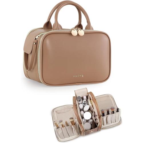Prite Large Makeup Bag, Waterproof Travel Cosmetic Case with Brush Holder