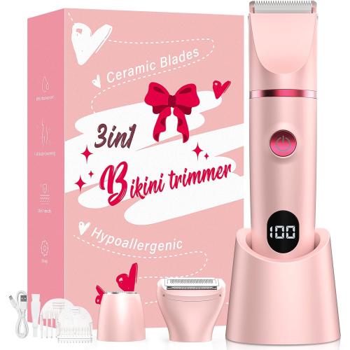 Bikini Trimmer for Women, 3-in-1 Electric Razors for Women, IPX7 Waterproof Rechargeable Cordless Pubic Hair Shaver, with LED Display, for Ladies Bikini Pubic, Face, Underarms, Legs(Pink)