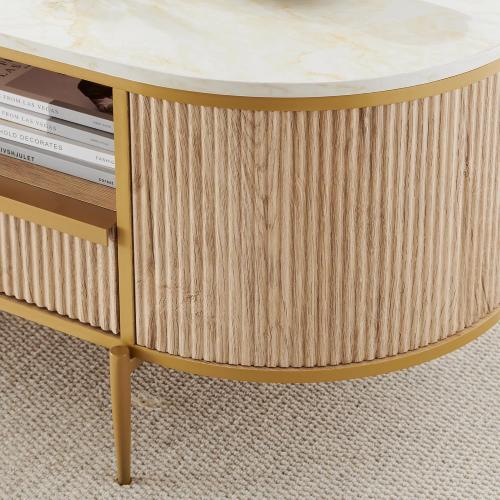 Modern Luxury Fluted Coffee Table, 48 Oval Coffee Table with Drawer, Faux Marble Top, Curved Profile Design, Gold Metal Decor, Center Table for Living Room Natural Oak