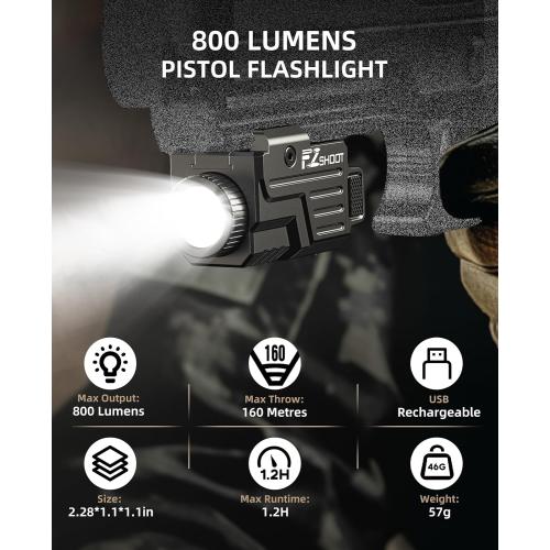 EZshoot 800 Lumens Pistol Flashlight Compatible with Picatinny and GL Rails, Compact Pistol Light with Slide Rail, Rechargeable Gun Light with Strobe Mode for Home Defense and Hunting