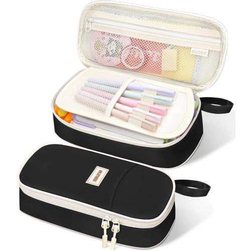 SUNEE Cute Pencil Case, Aesthetic Pen Pouch, Colored Large Pencil Bag with Zipper, Kawaii Stationery Storage and Organizer, School Supplies for Teen and Adult Girls, Black