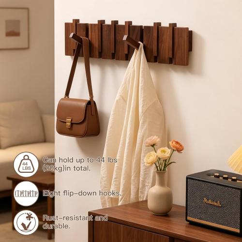 Wood Coat Rack Wall Mount, Coat Hooks Hanger Wall Mounted, Heavy Duty Wall Coat Rack with 8 Hooks for Hanging Coats/Keys/Hats/Robe&Towels/Plants/Bags, Walnut