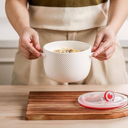 Ceramic Soup Bowl with Lid & Handle, Microwave Safe 32 oz, White