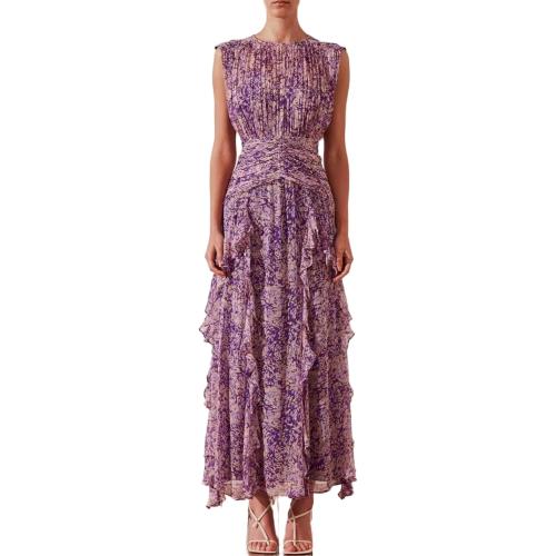 size L ...Catalpalev Ladies Temperament Chiffon Printed Round Neck Sleeveless Waist Long Dress Valentine's Day Date Prom Dresses