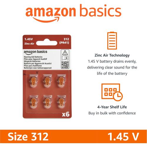 Amazon Basics Hearing Aid Batteries Size 312, 1.45 Volt, Zinc Air Technology, Long-Lasting, 4-Year Shelf Life, Mercury Free, Brown Tab, Child-Safe Package