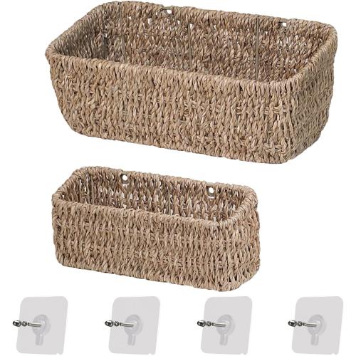 Ellinia Woven Hanging Wall Basket for Storage, Seagrass Woven Wall Mount Organizer Baskets, Wicker Wall Shelves for Mail Storage, Remote Control Holder, Toilet Tank Basket, Set of 2