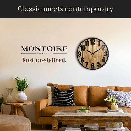 Montoire 24 Inch Wooden Farmhouse Wall Clock Large, Extra Large for Living Room Decor - Big Oversized Rustic Round Decorative Clocks for Walls, Battery Operated