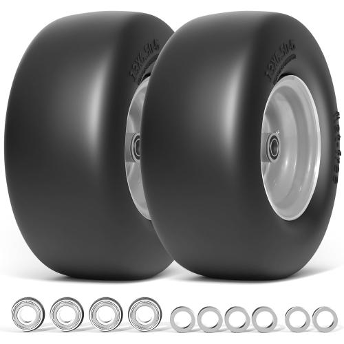 RONPOW 13x6.50-6 Flat Free Lawn Mower Tires and Wheel, 13x6.5-6 Solid Front Tire for Zero Turn Lawnmower, Universal 3/4, 5/8 and 1/2 Bearings, 500Lbs Load, 5.51-7.91 Hub Spacers, 2Pack Gray