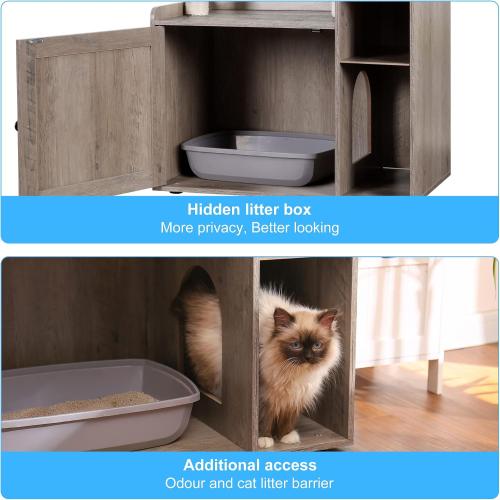 Hey-brother Cat Tree with XL Litter Box Enclosure, All-in-one Cat Tower for Indoor Cats with Large Hammock, Bed, Food Station, Scratching Posts, Modern Style Pet Furniture, Rustic Gray MPJ101SG