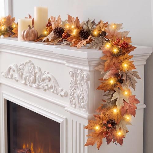 6 FT Lighted Fall Garland with Lights Autumn Automatic ON/Off Timer