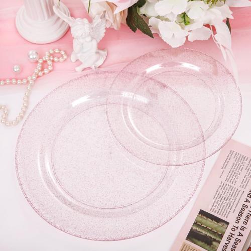 WDF 120pcs Pink Plastic Plates Disposable - Clear Pink Glitter Plates including 60PCS Dinner Plates 10.25inch and 60PCS Salad Plates 7.5inch for Wedding/Baby Shower/Spring/Birthday