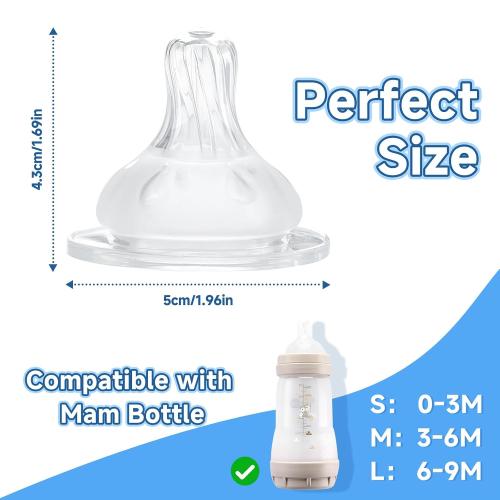 4 Pack Bottle Nipples Compatible with Mam Bottle, Soft Silicone Nipples for Bottle, Fit for MAM Bottles, Medium Flow, 3  Months