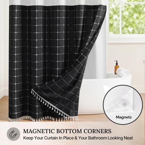 RiverDream Farmhouse No Hooks Shower Curtain with Snap-in Liner,Black,71x74