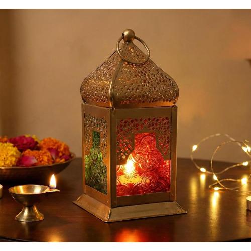 eSplanade Moroccan Lantern | Colored Glass Hanging Lamp | Tealight Holder | Home Decor | Red-Golden - 6.5 Inches (Multi-Golden)