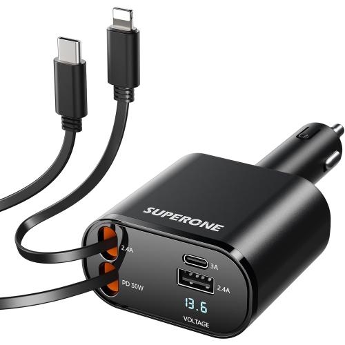 SUPERONE Retractable Car Charger, 4-in-1 Fast Phone Charger Adapter