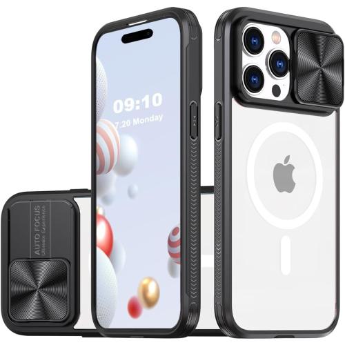 Clear Case Compatible with iPhone 14 Pro MagSafe with Sliding Camera Cover Protector, [Strong Magnets][Anti Yellow] Transparent Back Soft TPU Frame, for iPhone 14 Pro 6.1 (Black)